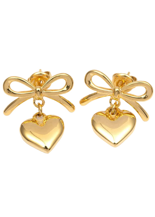 Oorbellen goud rvs strikje hartje oorstekers