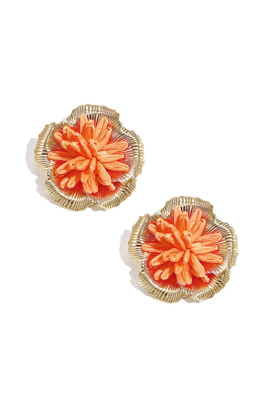 Oorbellen 3d bloemen oranje met goud