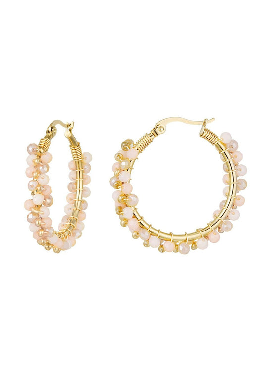 Oorringen kralen beige en wit rvs goud