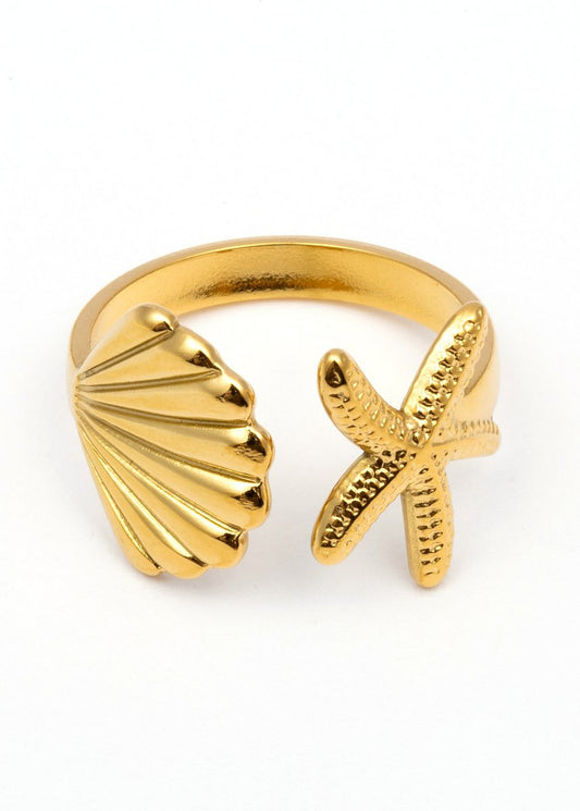 Ring schelp en zeester rvs goud
