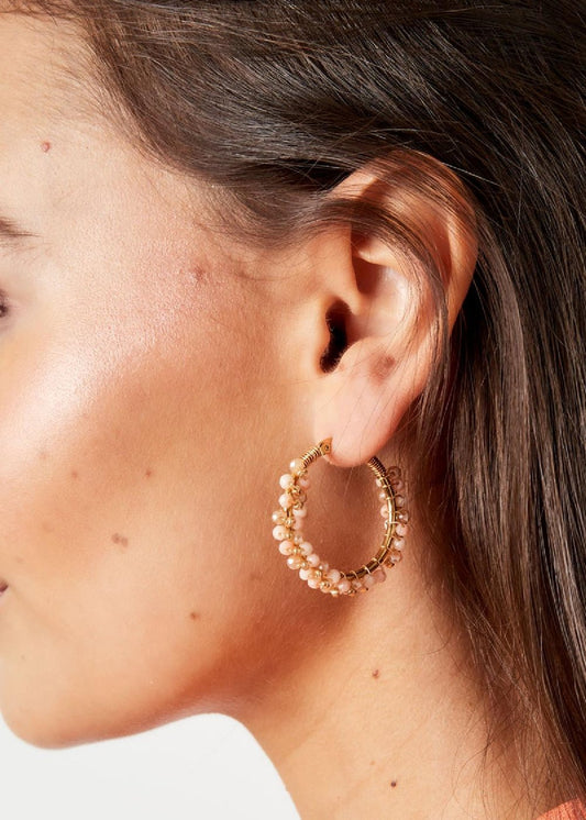 Rvs oorringen zomer met beige en witte kralen