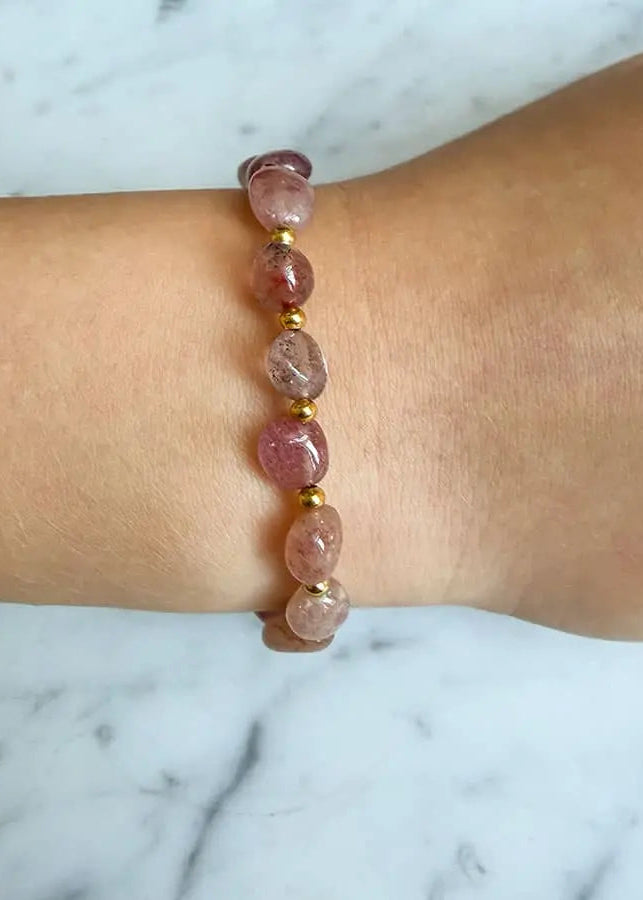 Aardbeienkwarts armband rvs goud edelstenen