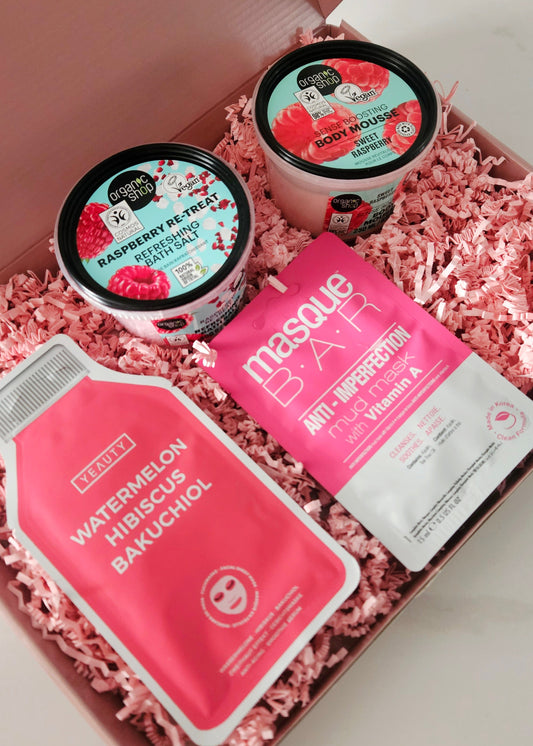 Roze beautybox maskertjes badzout bodymousse