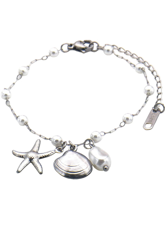 Armband zilver bedels charms schelp parels