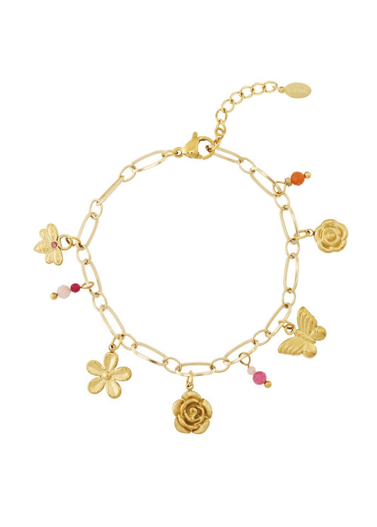 Armbandje goud met bedeltjes vlinders en bloemen