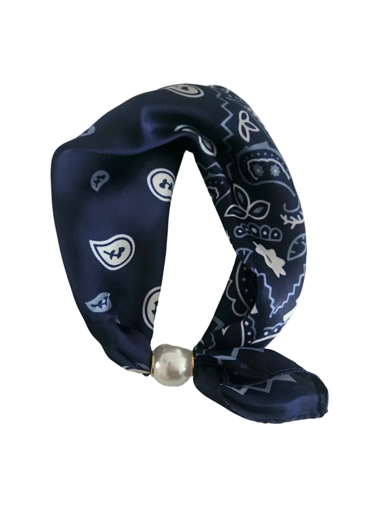 Donkerblauw kort sjaaltje met paisley patroon en parel