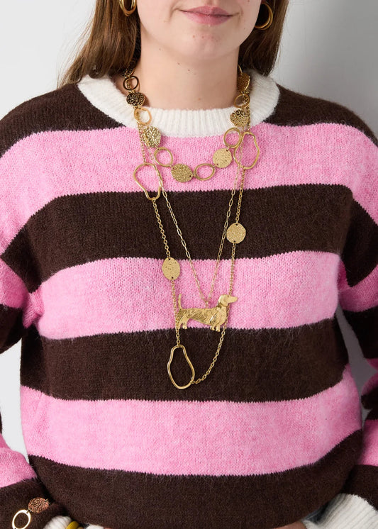 Gouden ketting met een hanger van een grote teckel hond