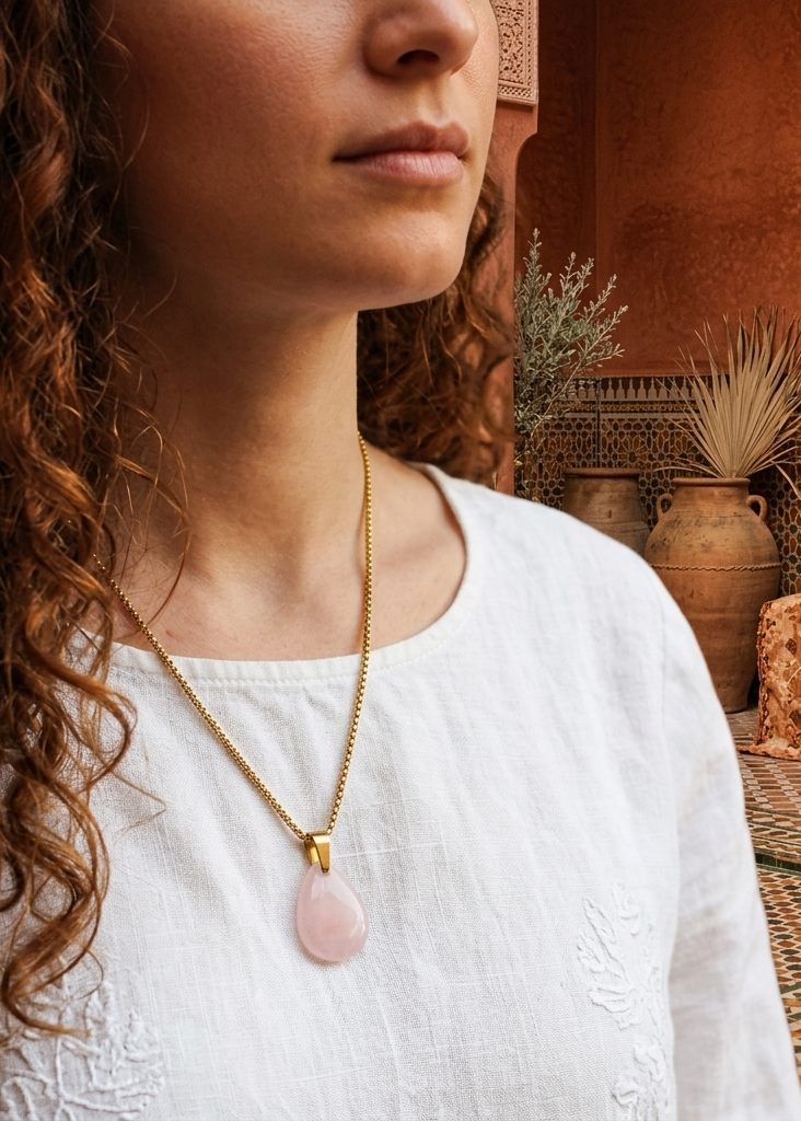 Ketting goud met edelsteen rozenkwarts roze