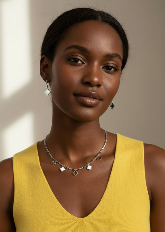 Ketting zilver clovers wit rvs charms
