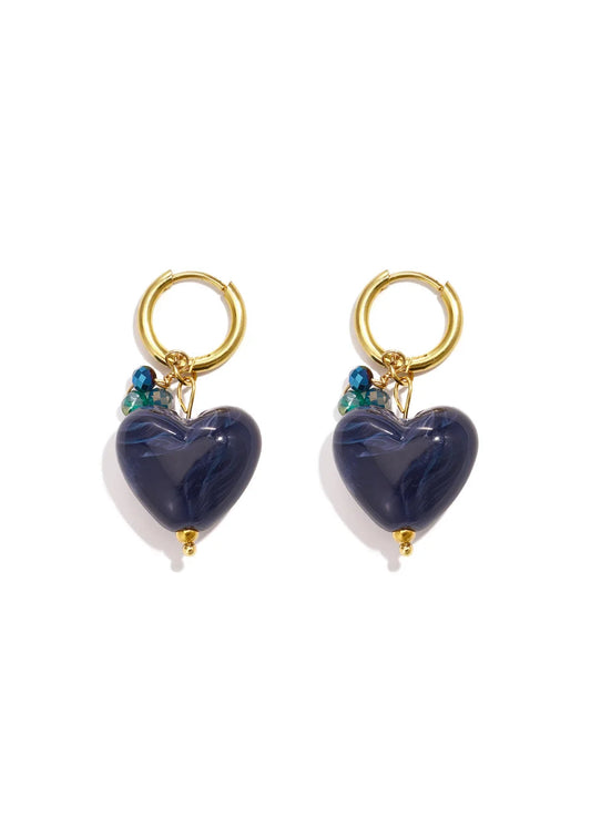 Oorbellen hartjes kralen donkerblauw kraaltjes by anoor