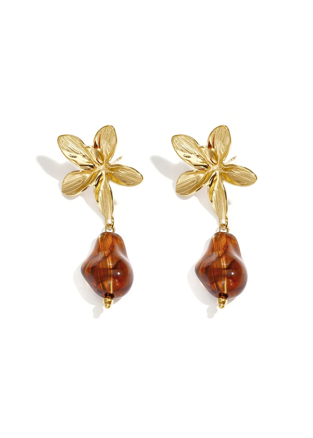 Oorbellen grote gouden bloemen bruine stenen