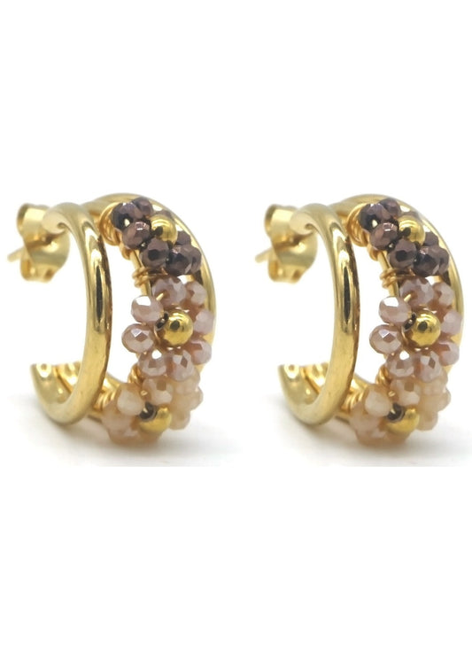 Oorbellen oorstekers oorringen bloemen kralen bruin goud