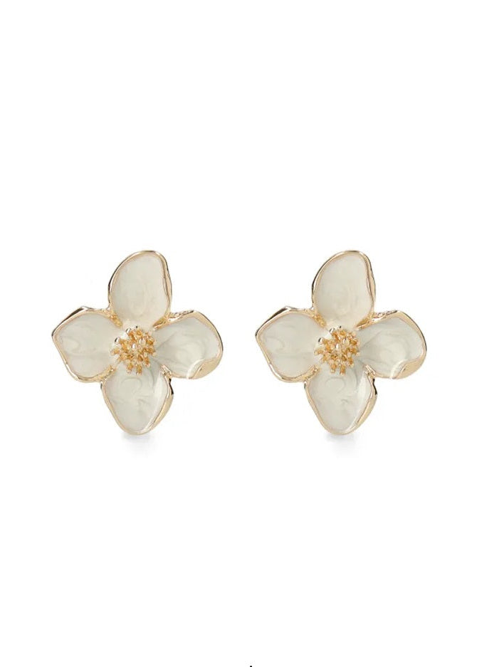 Oorbellen oorstekers witte bloemen met goud