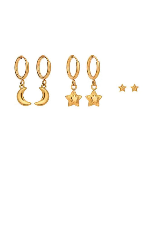 Oorbellenset rvs goud oorringen ster en maan