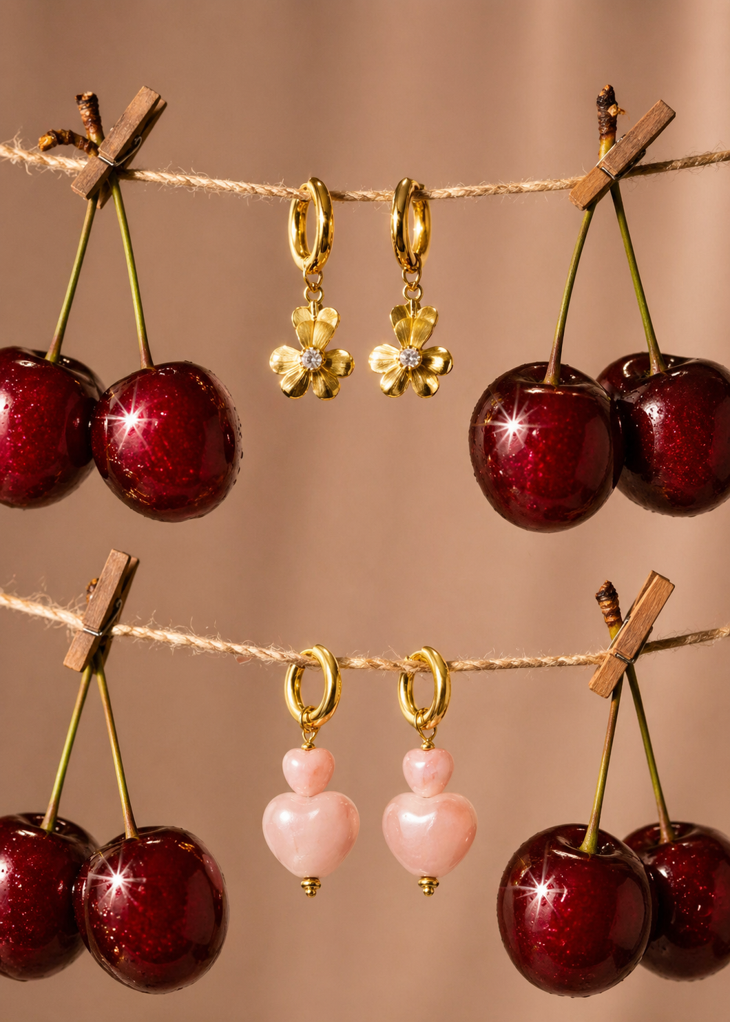 Oorringen goud stainless steel hartjes roze