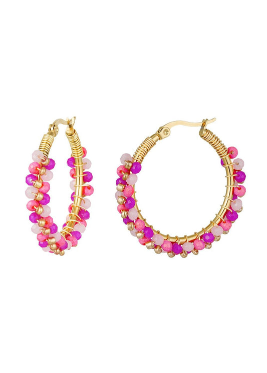 Oorringen goud kralen donkerroze kralen