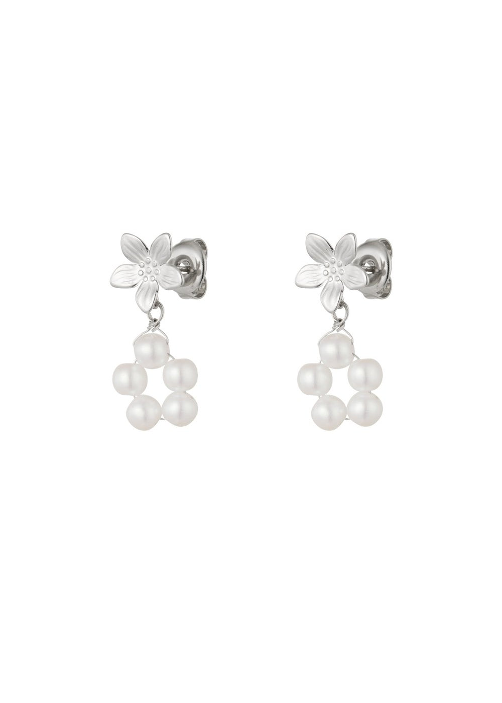 Oorstekers bloemen parels zilver RVS