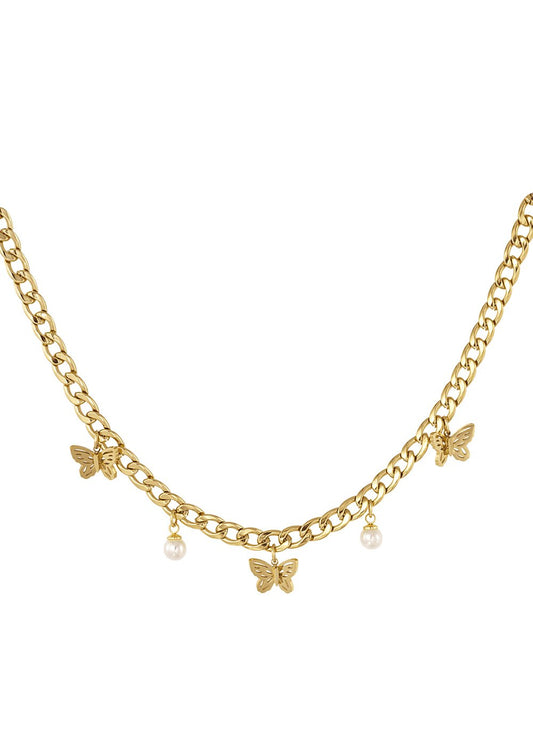 Schakelketting parels en vlinders goud rvs by anoor