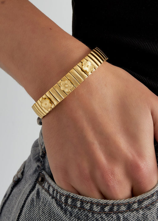 Statement armband goud rvs met bloemen
