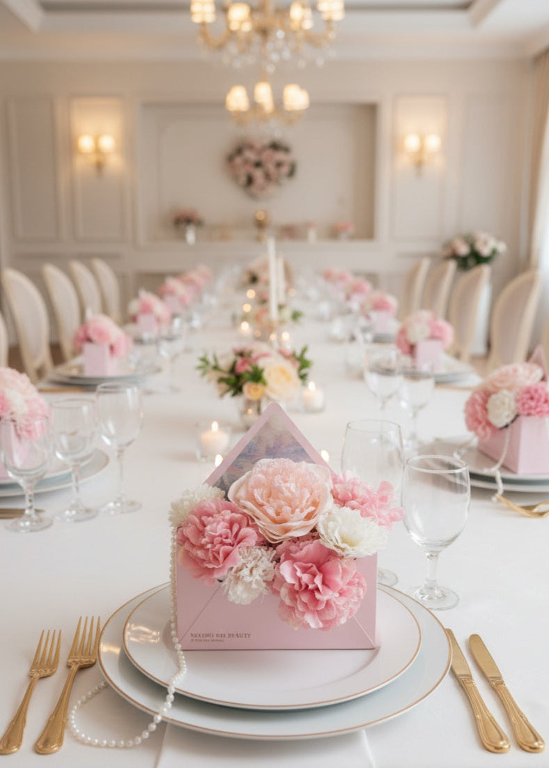 Tafeldecoratie etentje huwelijk roze rozen