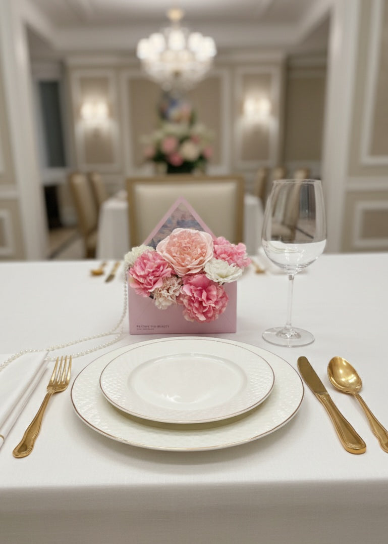 Tafelversiering met roze en witte bloemen center pieces