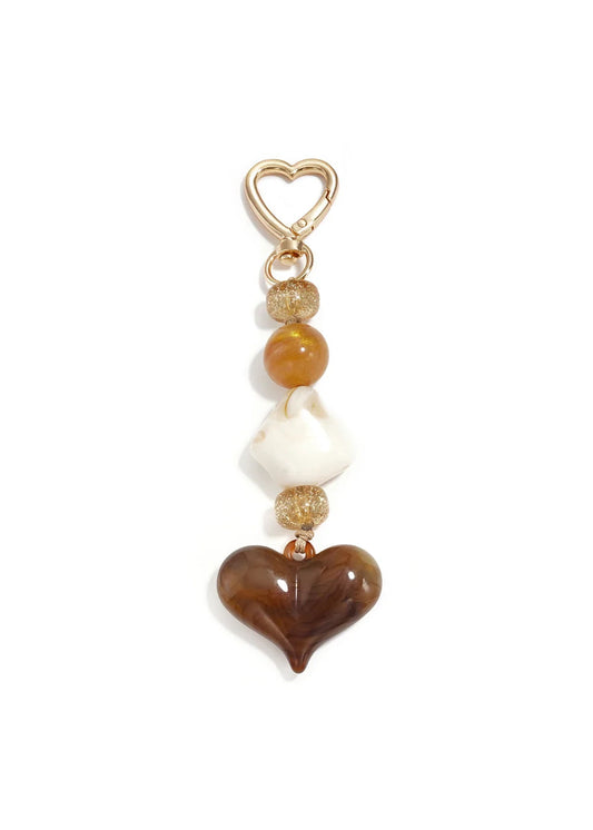 Tassenhanger bruin en beige kralen met een bruin hart
